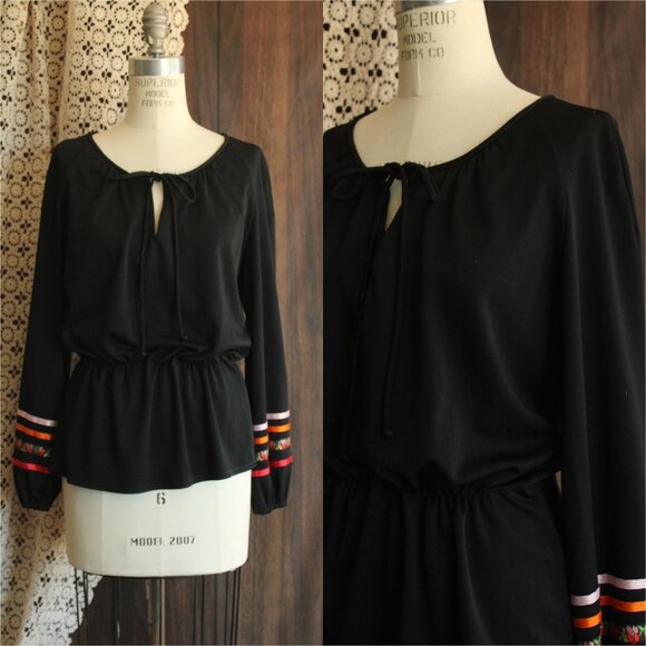 Vintage 1970s Blouse, R&K Black Peasant Top, Cottage Core, Folk Style - Picture 1 of 10